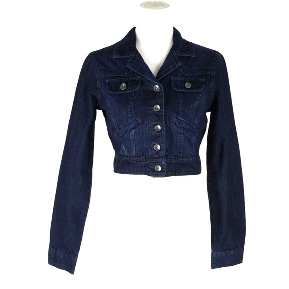 lei Jackets & Blazers - l.e.i. Cropped Jean Jacket Distressed Juniors Size M Indigo Blue Stretch Denim